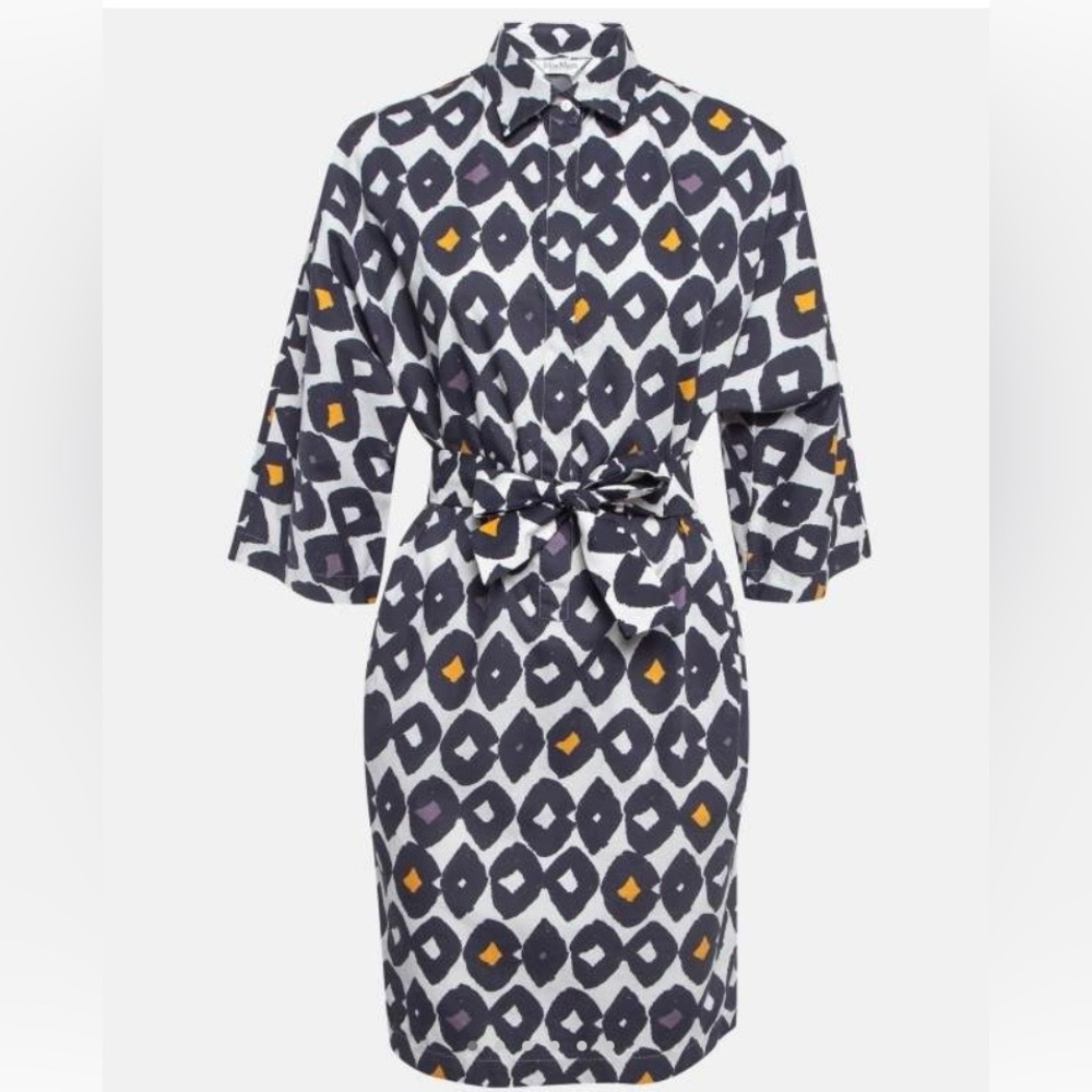 MaxMara Navy blue & White Geometric Midi Dress with Mustard Details